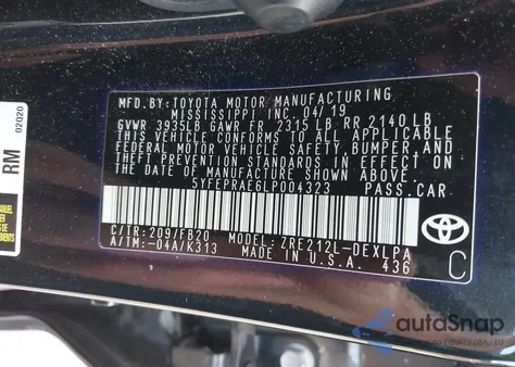 2020 Toyota Corolla Le from USA, damaged, VIN 5YFEPRAE6LP004323